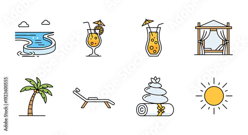 Essential vacation and resort amenities line art collection offering a visual guide to summer relaxation, poolside fun, and spa tranquility