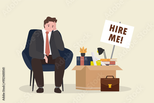 Unemployed businessman sitting in office chair, box with - sign hire me to employer. Hire me looking for job, unemployed or layoff employee, candidate searching for new work career,