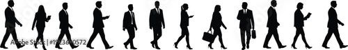 Silhouettes of business people walking, professional men and women, corporate attire, office workers, teamwork concept, modern business lifestyle