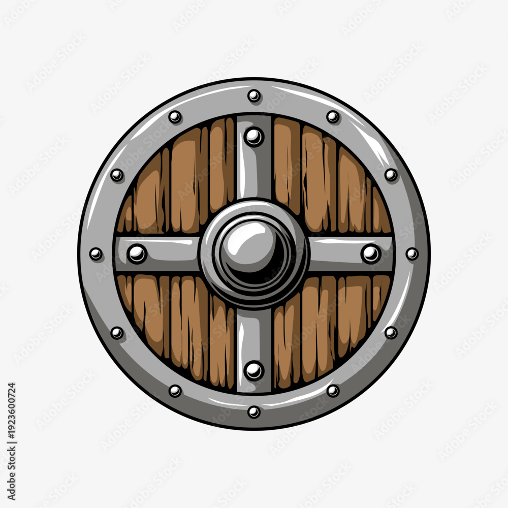 Obraz premium Vector Illustration of a Wooden Shield with Metal Frame