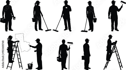 Silhouette workers cleaning, painting, using tools, standing on ladder, carrying buckets, holding mop, paint roller, toolbox, isolated on white background