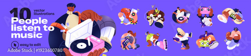 People listen to music set. Happy characters enjoy songs with headphones, smartphones, tape recorders, and vinyl. Young men and women with audio players dance. Flat isolated vector illustrations