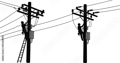 Silhouette vector of electrical linemen working on utility poles, ladder climbing, repairing cables, power maintenance, electricity service, outdoor safety equipment