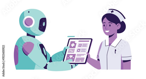 A robot and a smiling nurse interact over a tablet displaying medical information on a clean white background with a modern and professional mood.