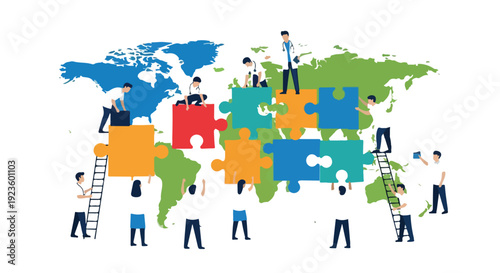 Illustration of diverse people assembling a jigsaw puzzle on a world map with colorful pieces on a white background.