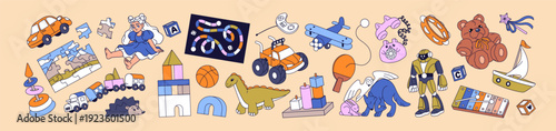 Different kids' toys and board games set. Educational pyramid and cubes for babies, cute doll, child cars and remote control airplane, teddy bear and robot. Flat isolated vector illustrations