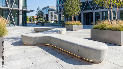 Modern modular bench in urban plaza with greenery and buildings  