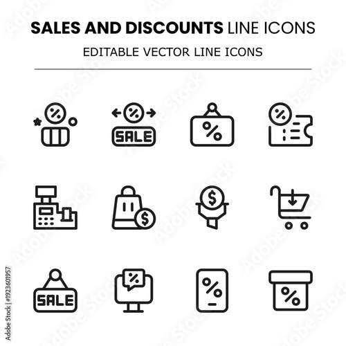 Sales and Discounts Professional Line Icon Pack. Perfect for store discounts, seasonal sales, and online promotions.