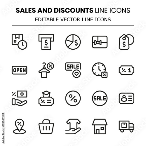 Sales and Discounts Modern Line Icon Collection. Perfect for seasonal promotions, store sales, and marketing campaigns.