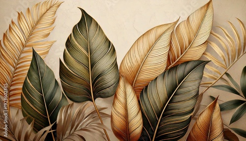  Vintage tropical green brown leaves, beige background, golden texture. Luxury mural, premium.jpg