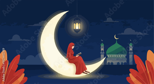 Muslim woman in red hijab reading on a crescent moon with a lantern and mosque at night