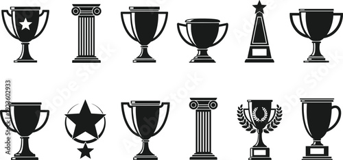Trophy and Award Vector Collection Featuring Cups, Columns, Medals, and Star Symbols for Achievement, Recognition, and Competition