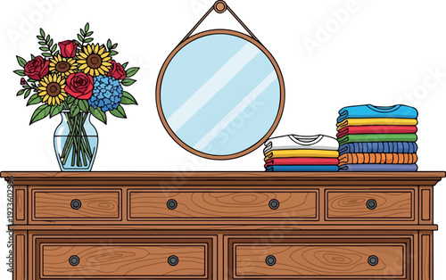 Bedroom With Mirror And Drawer Isolated Transparent Background Flat 2D Vector