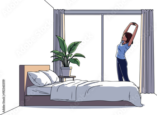 Woman Stretching In Bedroom Morning Isolated Transparent Background Flat 2D Vector