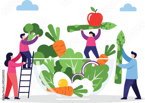 Team Harvesting Fresh Vegetables Illustration with People Farming Organic Produce for Healthy Lifestyle, Agriculture, and Sustainable Food Concept