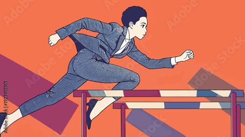 A person in a suit is running fast and jumping over a hurdle in a colorful environment. This scene shows determination and focus.