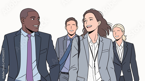Four people in suits walk together, smiling and chatting as they move through a workplace environment in daylight.