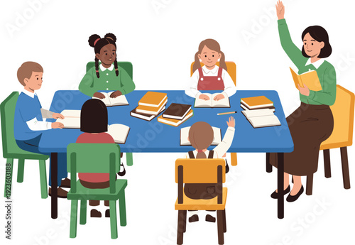 Teacher and diverse group of elementary students studying together at a big table in classroom flat vector illustration isolated