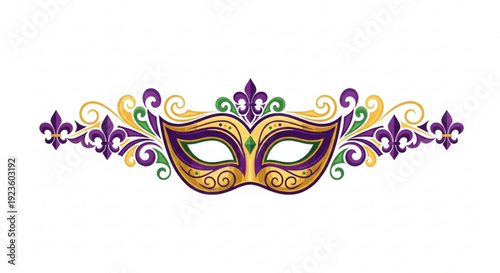 Vibrant gold purple and green carnival mask illustration with ornate swirls and fleur de lis on white background perfect for festive designs