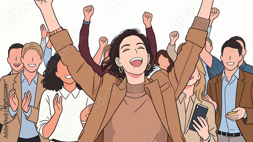 A group of people cheer and celebrate together at an event. One person stands out with arms raised, showing joy.