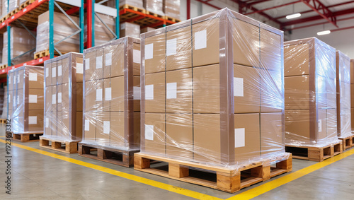 Warehouse with wooden pallets stacked with stretch wrapped cardboard boxes and labeled for inventory control, illustrating logistics and supply chain storage