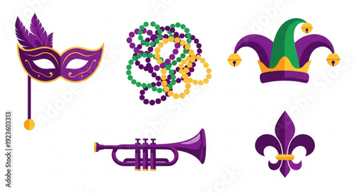 Mardi gras festive icons including mask beads jester hat trumpet and fleur de lis on white background