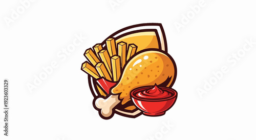 Delicious fried chicken leg with french fries and ketchup