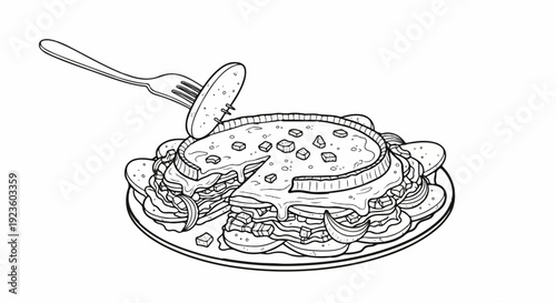 Delicious stacked layers of food with a fork taking a piece