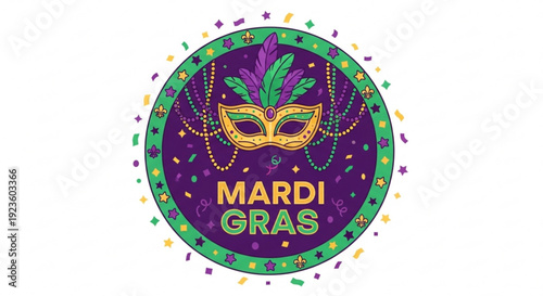Vibrant mardi gras illustration with golden mask and confetti on purple background
