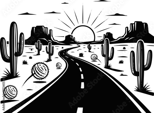 Desert highway road leading to a bright sun with cacti and tumbleweeds