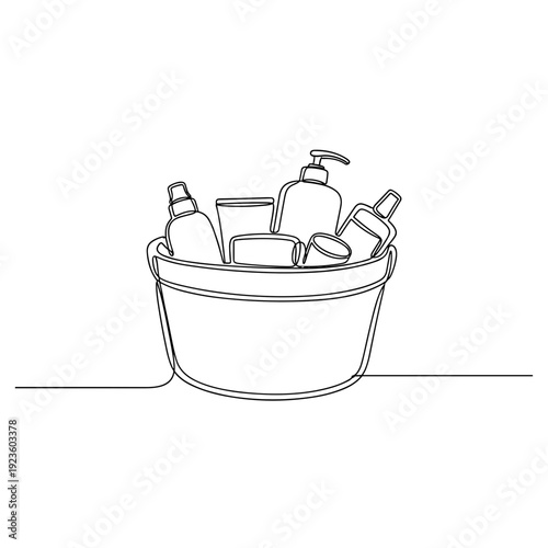 Bathroom caddy with toiletries line art in black and white