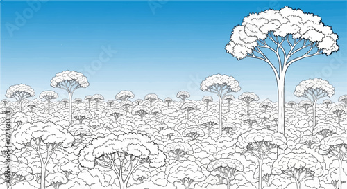 Dense forest canopy with a tall tree emerging under a blue sky