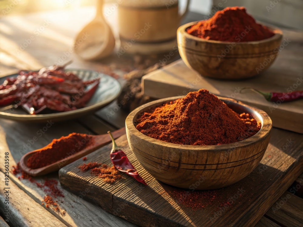 Fototapeta premium Rich Red Chili Powder Piled in Rustic Wooden Bowls on a Textured Surface