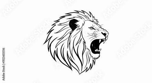 Detailed black and white illustration of a lion's roaring head with a flowing mane