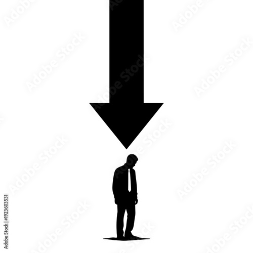 silhouette of a person under a falling downward arrow symbolizing financial crisis economic downturn and loss business concept