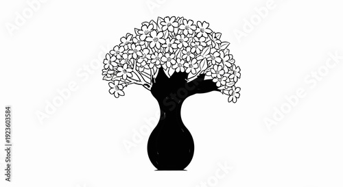 Delicate white flowers overflowing from a dark, stylized vase