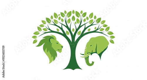Green tree symbol with lion and elephant heads eco friendly logo conservation concept wildlife protection harmony with nature green leafy branches animal silhouettes environmental