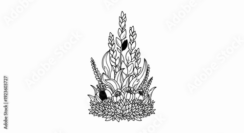 Detailed black and white line art illustration of a floral arrangement