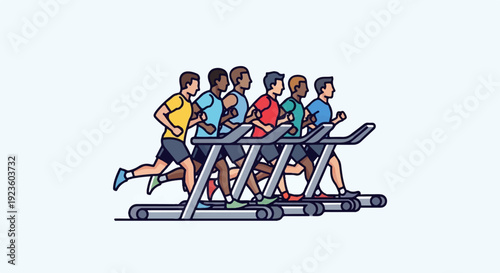 Diverse group of men running on treadmills in a gym