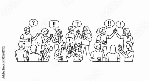 Diverse group of people interacting with speech bubbles and holding drinks