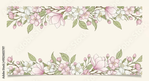 Delicate spring blossoms in pink and white frame a soft, empty space
