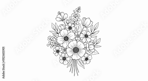 Delicate sketch of a diverse floral arrangement with various blossoms and foliage