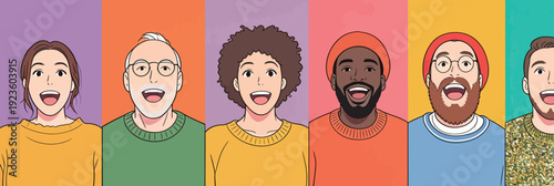 A group of six people stand in front of bright backgrounds. They smile and show joy, each wearing different colored clothes.