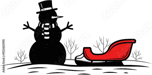 Black snowman with scarf and hat, next to a red sleigh in a snowy landscape