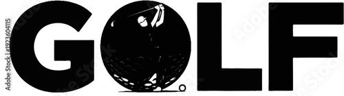 Black text and circular graphic depicting a golfer swinging a club on a tee