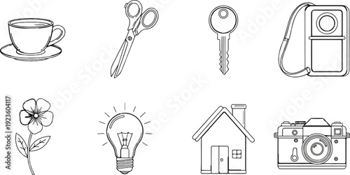 Collection of simple line drawings cup, scissors, key, camera, flower, lightbulb, house, camera