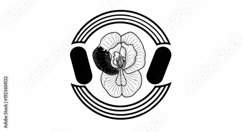 Detailed black and white line drawing of a pansy within a circular emblem with abstract elements
