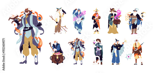 Set of old wizards in cloaks. Magicians and sorcerers with wand, staff, cauldron spell. Witches and sorcery characters. People of witchcraft. Flat isolated vector illustrations on white background