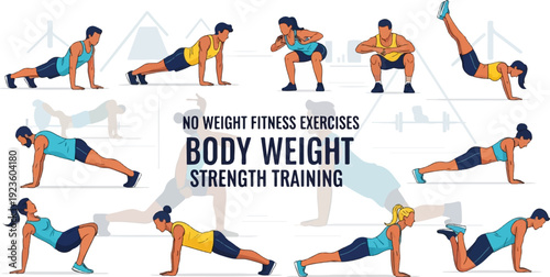 Diverse people performing various bodyweight strength training exercises
