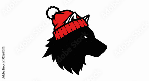 Black wolf head profile wearing a red knit hat with a pom-pom